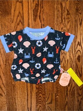 FRIENDS Navy One-Piece Bodysuit with Light Blue Trim and Coral Nautical Print